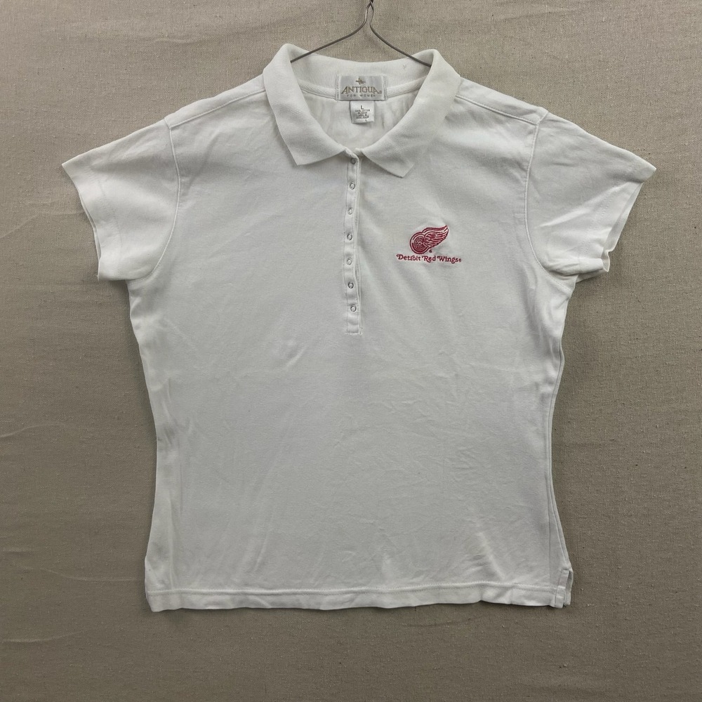 Antigua Detroit Red Wings Polo Shirt Womens Large White Snap Button‎ Cotton NHL